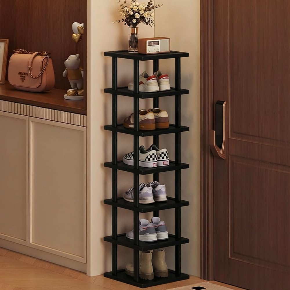 Vertical Shoe Rack - Tall Narrow Shoe Rack Organizer for Small Spaces,5 Tier Bamboo Shoen Shelf for Entryway,Closet,Corner,Doorway,Skinny Shoe Shelf Space Saving Shoe Storage,Free Stackable DIY