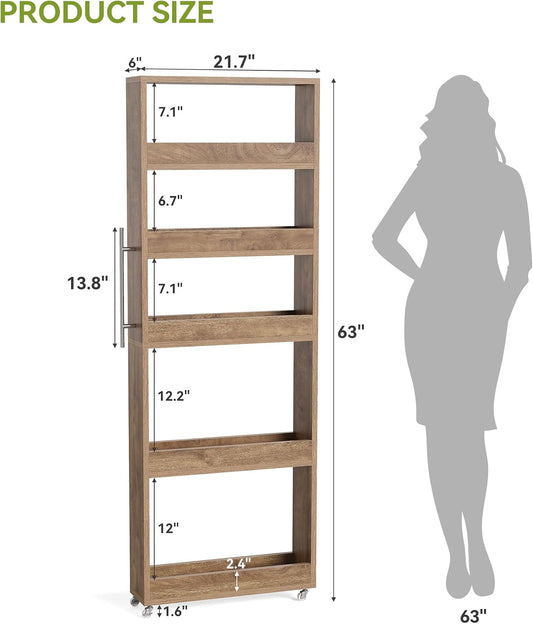 LITTLE TREE 63-Inch Slim Storage Cart on Wheels, 5-Tier Tall Narrow Mobile Shelf Organizer, Rolling Utility Cart with Metal Handle for Kitchen, Dining Room, Small Spaces, White