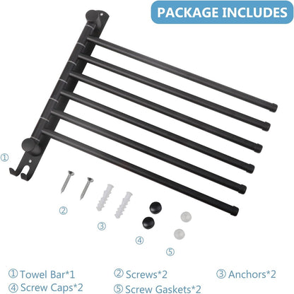Towel Rack Wall Mounted JSVER Bathroom Towel Rack, Space Saving Towel Holder, 13.4 Inches Swivel SUS304 Stainless Steel Towel Bar, 180° Rotation 6 Arms Towel Racks for Bathroom