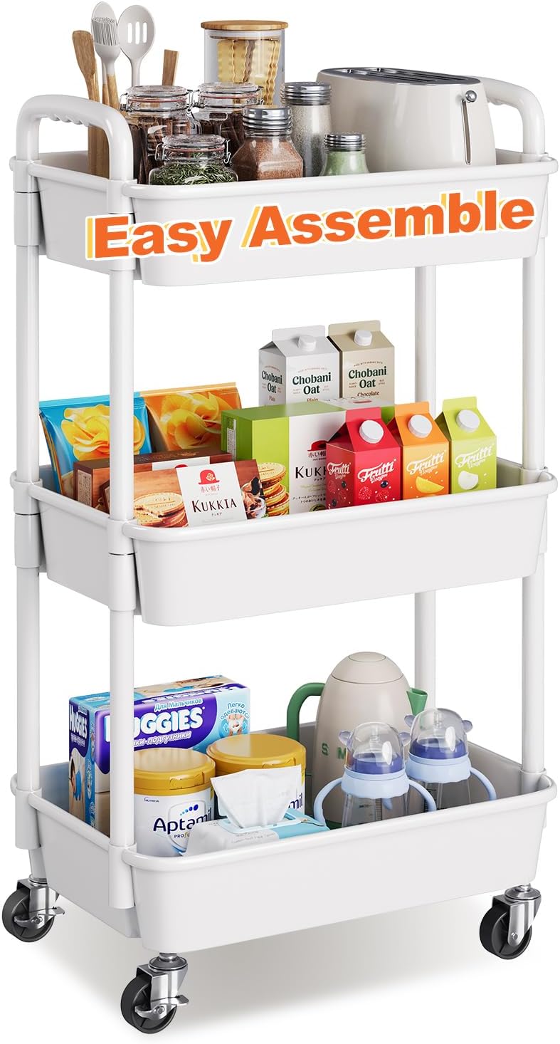 3 Tier Rolling Cart with Wheels, White Plastic Three Tiered Roller Shelf Cart on Lockable Wheels, Small Utility Storage Organzier Carts for Craft, Art, Baby Diaper Caddy, Snack, Dorm, Kitchen,Bathroom