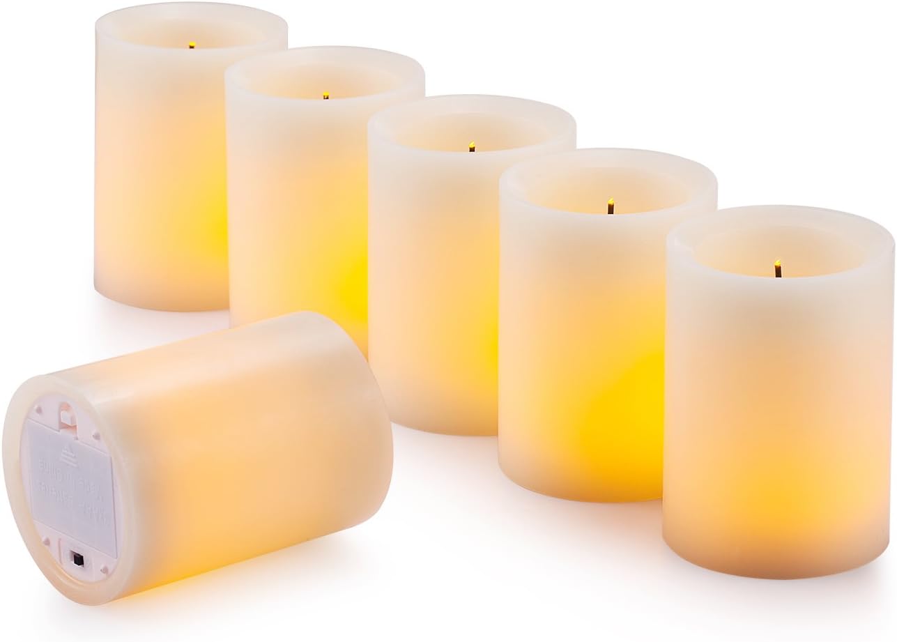 Enpornk Flameless Flickering LED Candles 3" X 4" with 10-Key Remote Control Timer Classic Pillar Optical Fiber Wick Real Wax Battery Operated Candles, Ivory Color, Set of 6