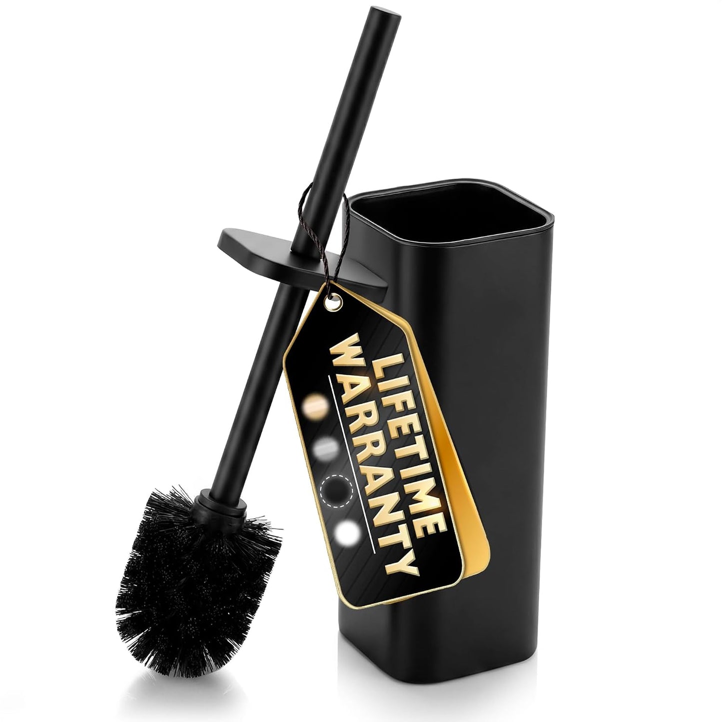Black Toilet Brush and Holder Set - Slim Matte Design that Fits Anywhere - Stainless Steel Toilet Bowl Brush and Holder with 2 Rounded Corners, Replaceable Head, Removable Inner Bowl & Splash Guard