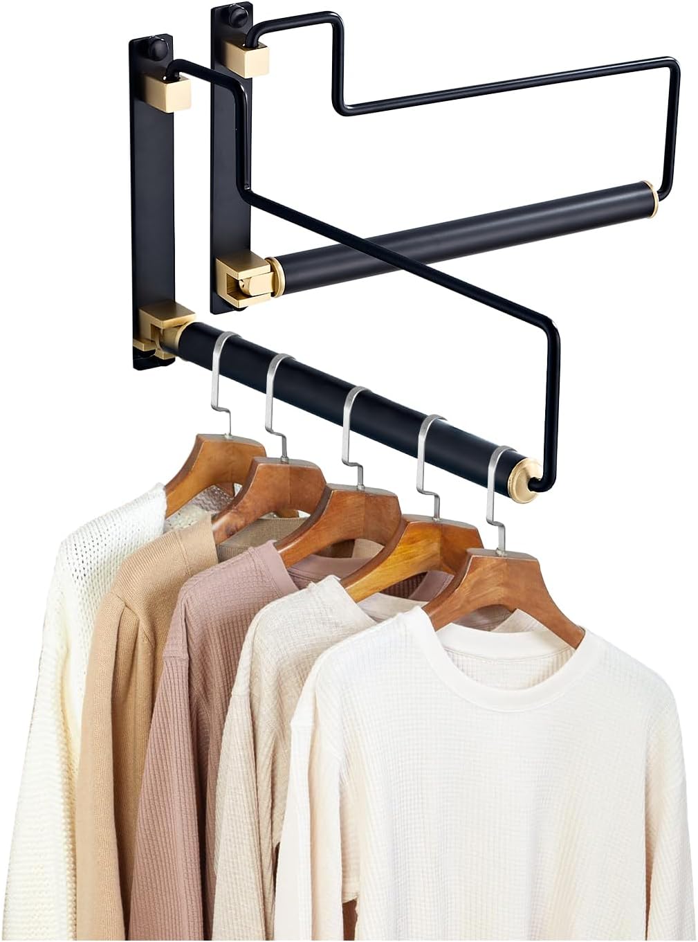 NEWRAIN Folding Wall Mounted Clothes Hanger Rack Clothes Hook Solid Brass with Swing Arm Holder Clothing Hanging System Closet Storage Organizer Heavy Duty Drying Rack Wall Mount,Brushed Gold