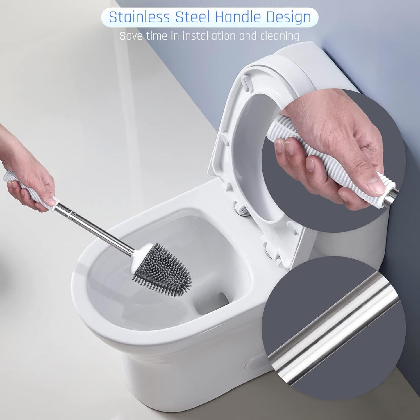 Sellemer Toilet Brush and Holder Set - Flexible Toilet Bowl Brush Head with Silicone Bristles, Compact Size for Storage and Organization, Ventilation Slots Base (1 Pack, Silver)