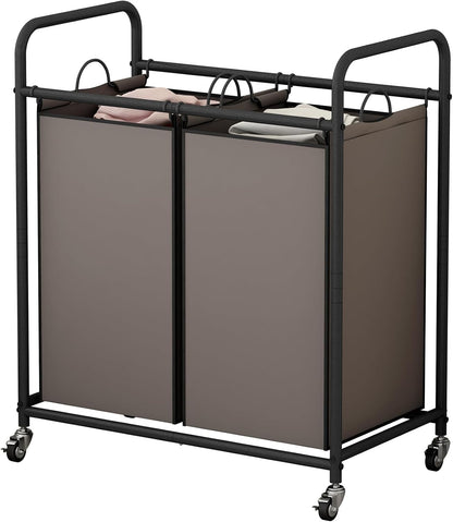 SUOERNUO Laundry Sorter Basket 2 Bag Laundry Hamper Cart with Rolling Lockable Wheels and Removable Bags Laundry Organizer Cart for Clothes Storage, Assorted