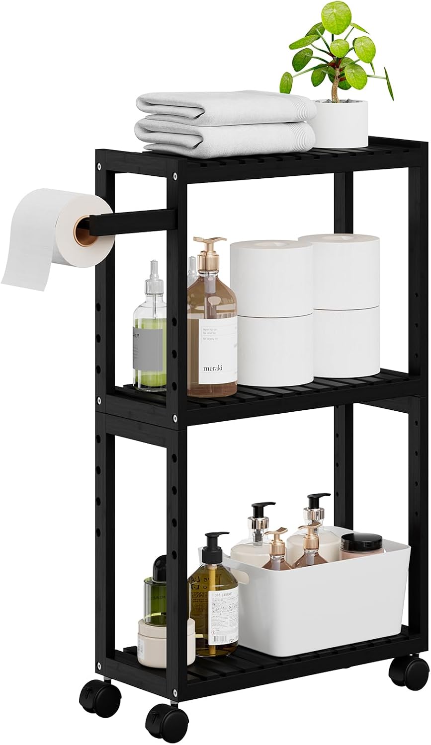 RRX Toilet Paper Holder with 3 Tier,16.14''Dx7.08''Wx28.35''H (Beige) | Small Bathroom Rolling Bamboo Mobile Storage Corner Shelf Cabinet for Narrow Spaces, Freestanding Slim Kitchen Organizer