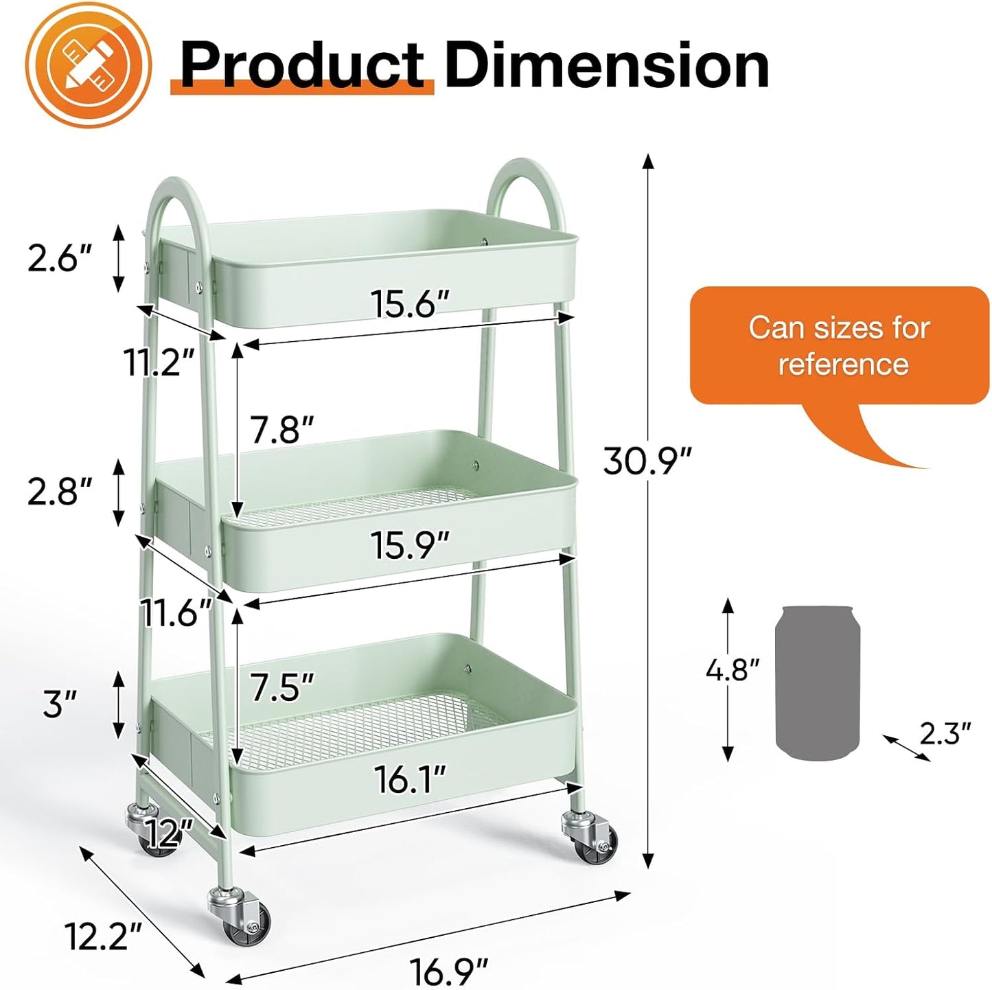 NEWBULIG 3-Tier Rolling Storage Cart, Metal Mobile Utility Organizer Shelf with Lockable Wheels, Space-Saving Freestanding Storage for Bathroom Living Room and Narrow Corner Spaces, Green