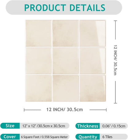 VEELIKE Cream Beige Peel and Stick Backsplash for Kitchen Square Peel and Stick Tile Backsplash 6 Sheets Self Adhesive Back Splash Tiles for Bathroom Waterproof Ceramic Wall Tile Stickers 12''x12''