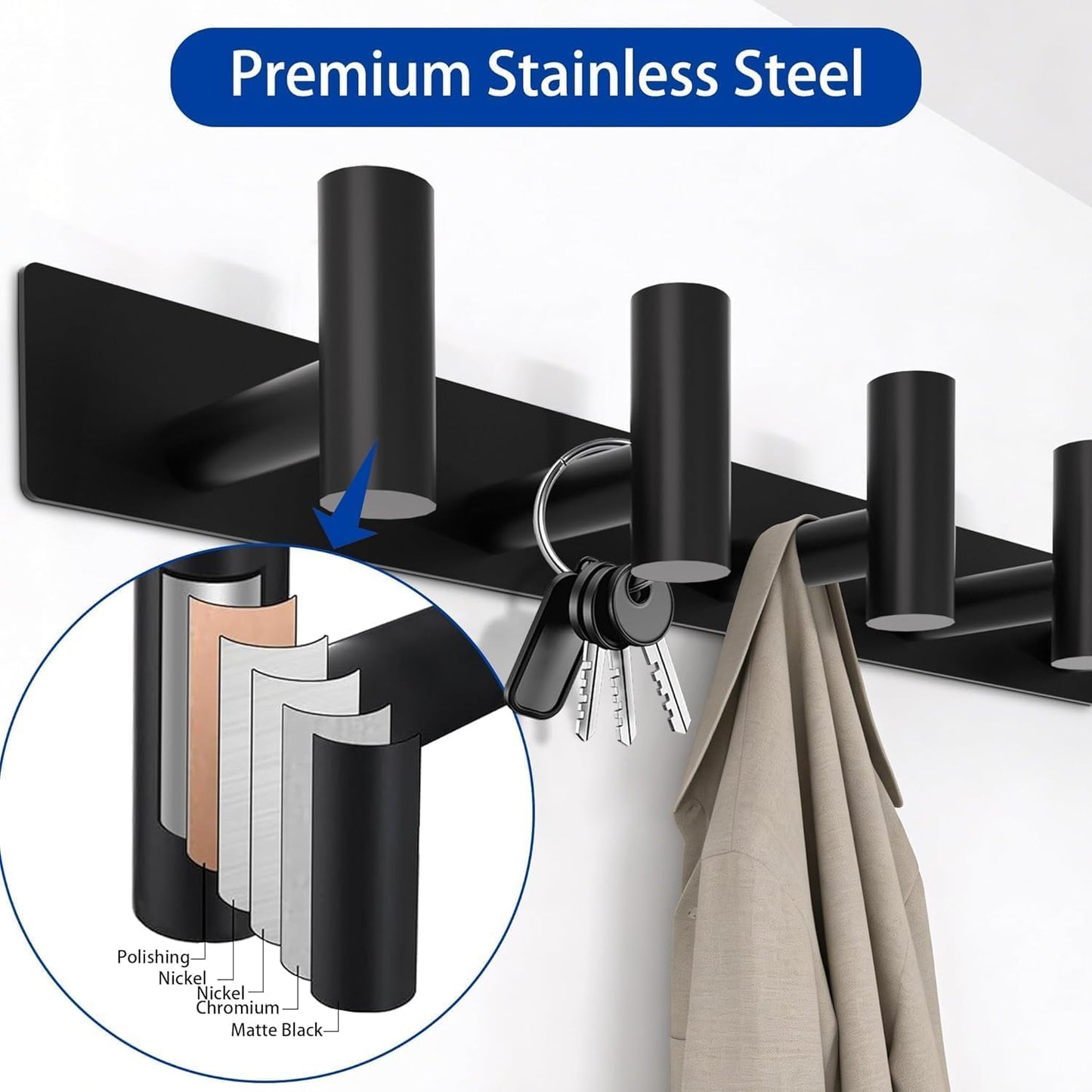 Matte Black Coat Rack Wall Mount - 6 Hooks, Heavy Duty Stainless Steel Wall Hooks for Towels, Coats, Robes, Bags, Hats, Keys, Wall Coat Hanger for Bathroom, Entryway, Kitchen, Hotel, Bedroom, Office