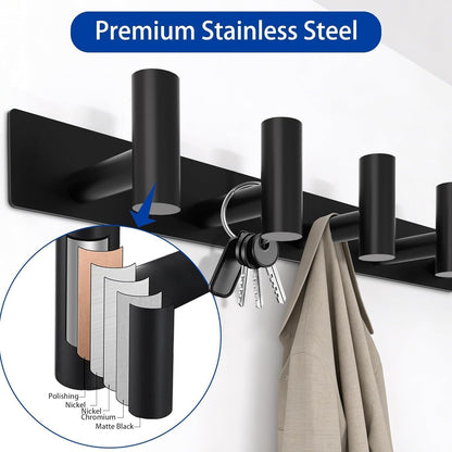 Matte Black Coat Rack Wall Mount - 6 Hooks, Heavy Duty Stainless Steel Wall Hooks for Towels, Coats, Robes, Bags, Hats, Keys, Wall Coat Hanger for Bathroom, Entryway, Kitchen, Hotel, Bedroom, Office