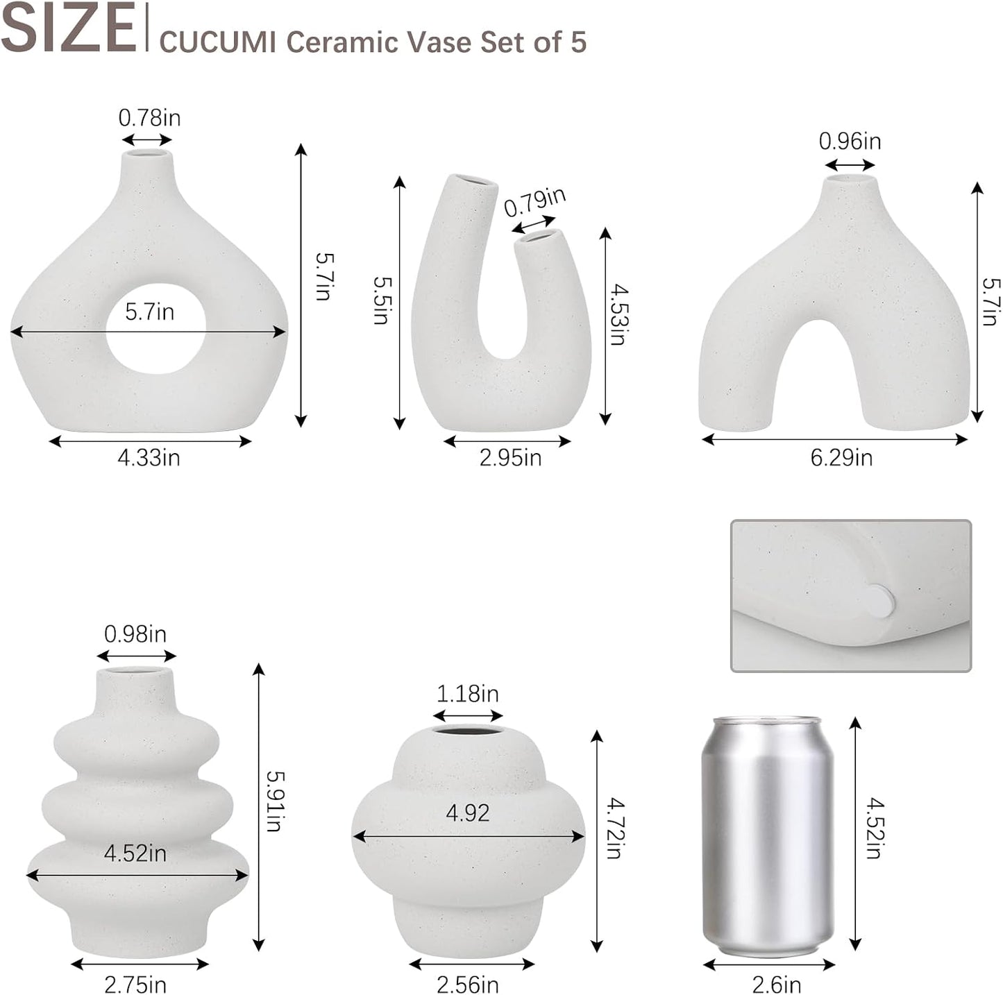 CUCUMI Ceramic Vase Set of 5, Home Decor Farmhouse Décor Handmade Pottery Vases for Pampas Grass, Dried Fresh Flowers, Table, Living Room, Kitchen, Shelf, Entryway Mantel Neutral Tones