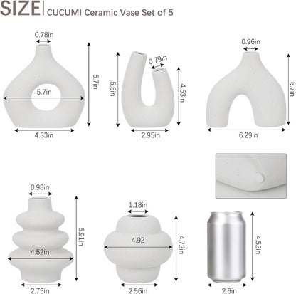 CUCUMI Ceramic Vase Set of 5, Home Decor Farmhouse Décor Handmade Pottery Vases for Pampas Grass, Dried Fresh Flowers, Table, Living Room, Kitchen, Shelf, Entryway Mantel Neutral Tones