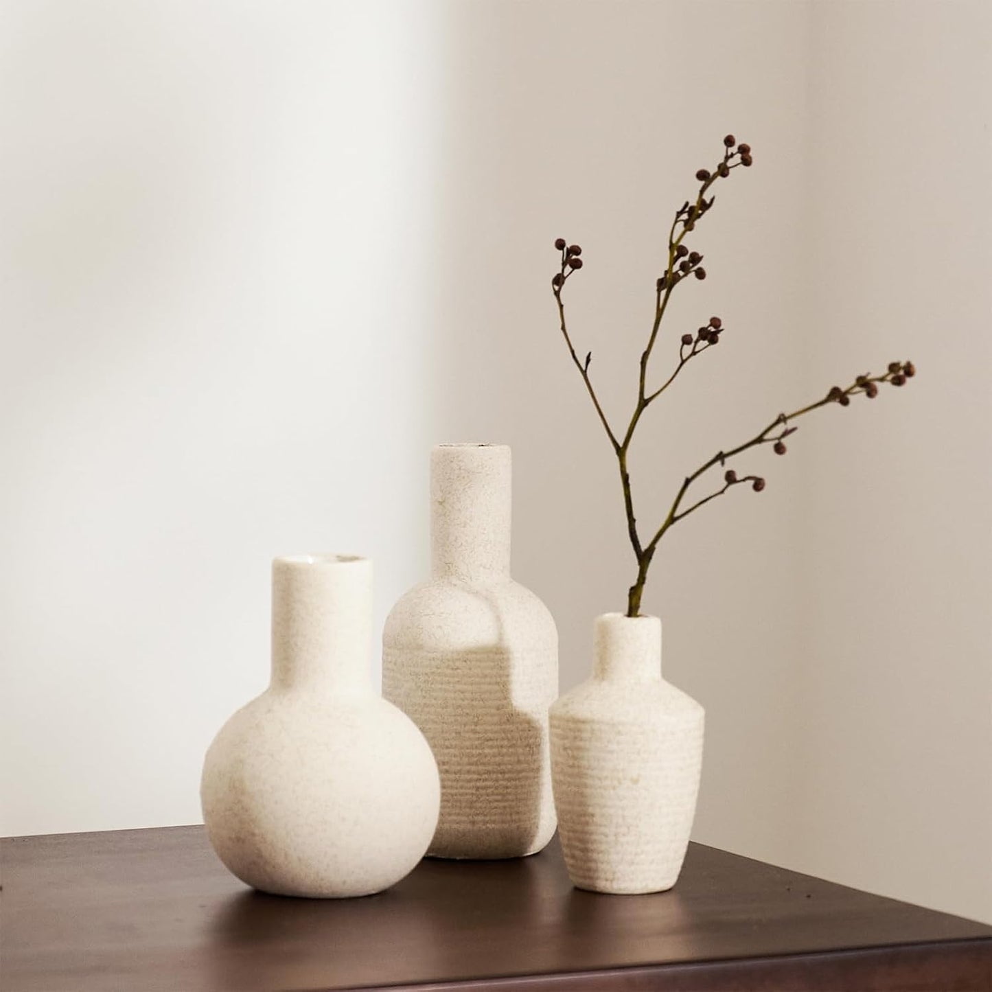 DN DECONATION Flower Vase Set of 3, Small Ceramic Vase Farmhouse Home Decor | Rustic Vases for Pampas Grass Dried Fresh Flowers, Living Room, Kitchen, Bedroom, Bathroom, Mantel Table Decor, Beige & Brown
