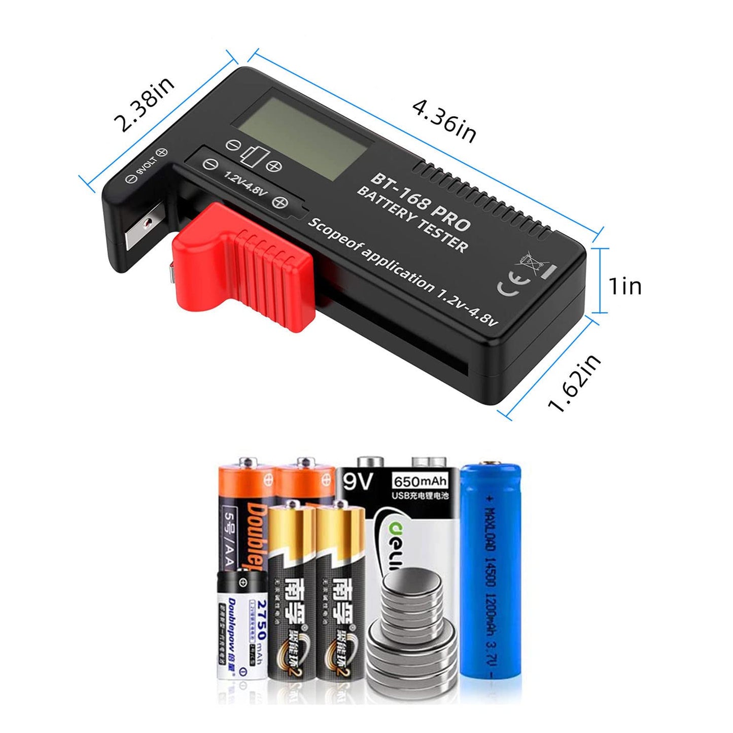 2PCS Battery Tester Checker Digital LCD Universal Battery Tester Monitor for AA AAA C D 9V 1.5V 1.2~4.8V Batteries Household Battery Testers Power Meter