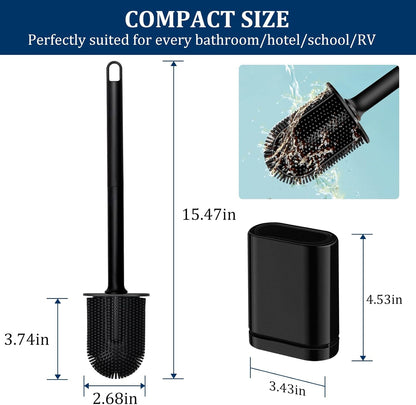 Silicone Toilet Brush and Holder Set, Toilet Brushes with Ventilated Holder, Wall Mounted Toilet Bowl Brush with Long Handle Bendable Brush Head, Black Toilet Brush Cleaner for Bathroom RV
