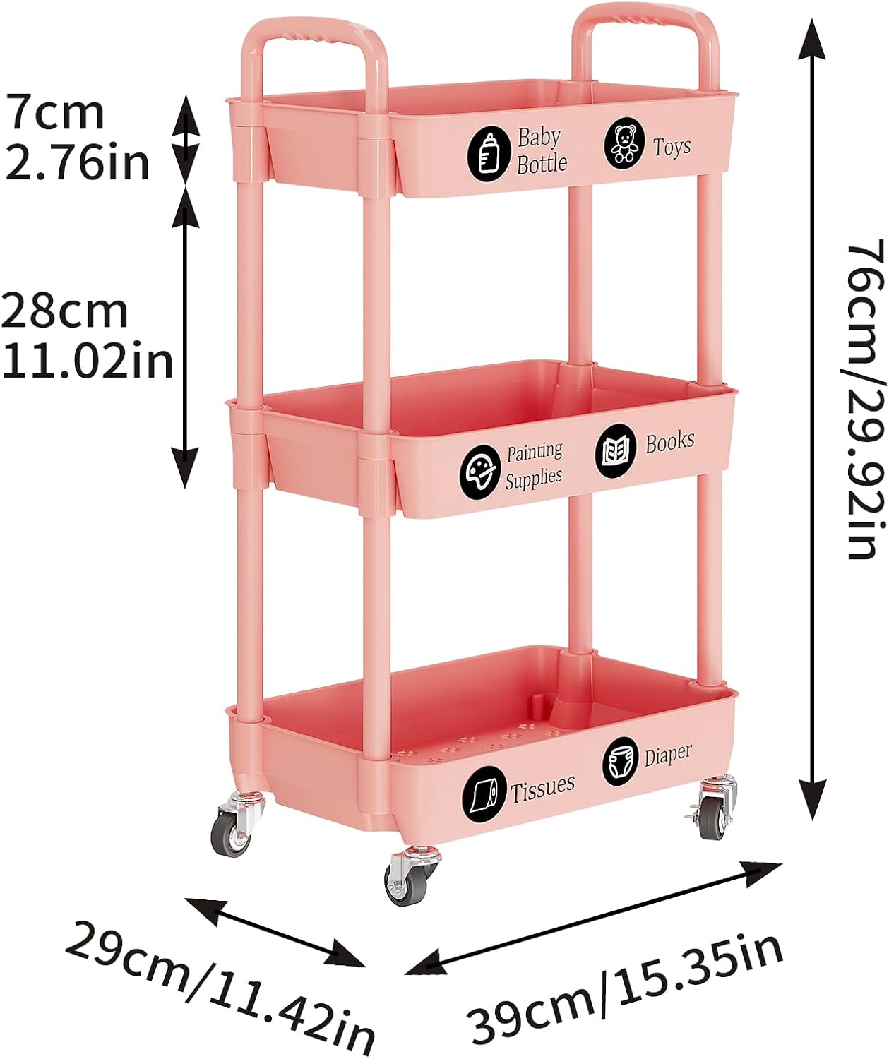 Laiensia 3-Tier Rolling Cart with Wheels,Multifunction Utility Storage Carts, Kitchen Storage Organizer,Mobile Shelving Unit for Bathroom,Laundry,with Classified Stickers,White