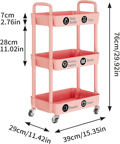 Laiensia 3-Tier Rolling Cart with Wheels,Multifunction Utility Storage Carts, Kitchen Storage Organizer,Mobile Shelving Unit for Bathroom,Laundry,with Classified Stickers,White