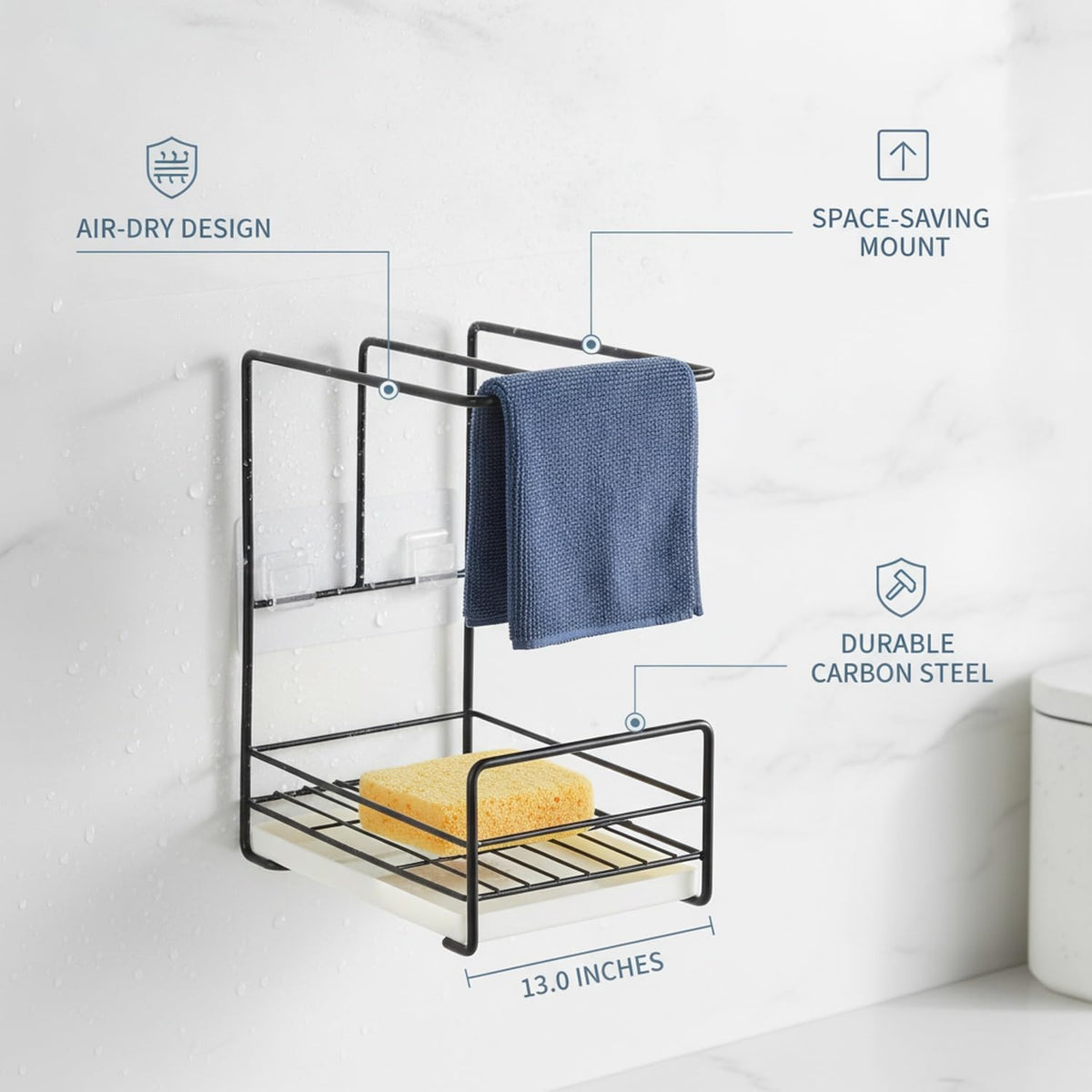 Wall-Mounted Kitchen Rag Rack, Carbon Steel Sponge & Cloth Holder for Sink Side Organization, Space-Saving Drying Rack (Black/White)