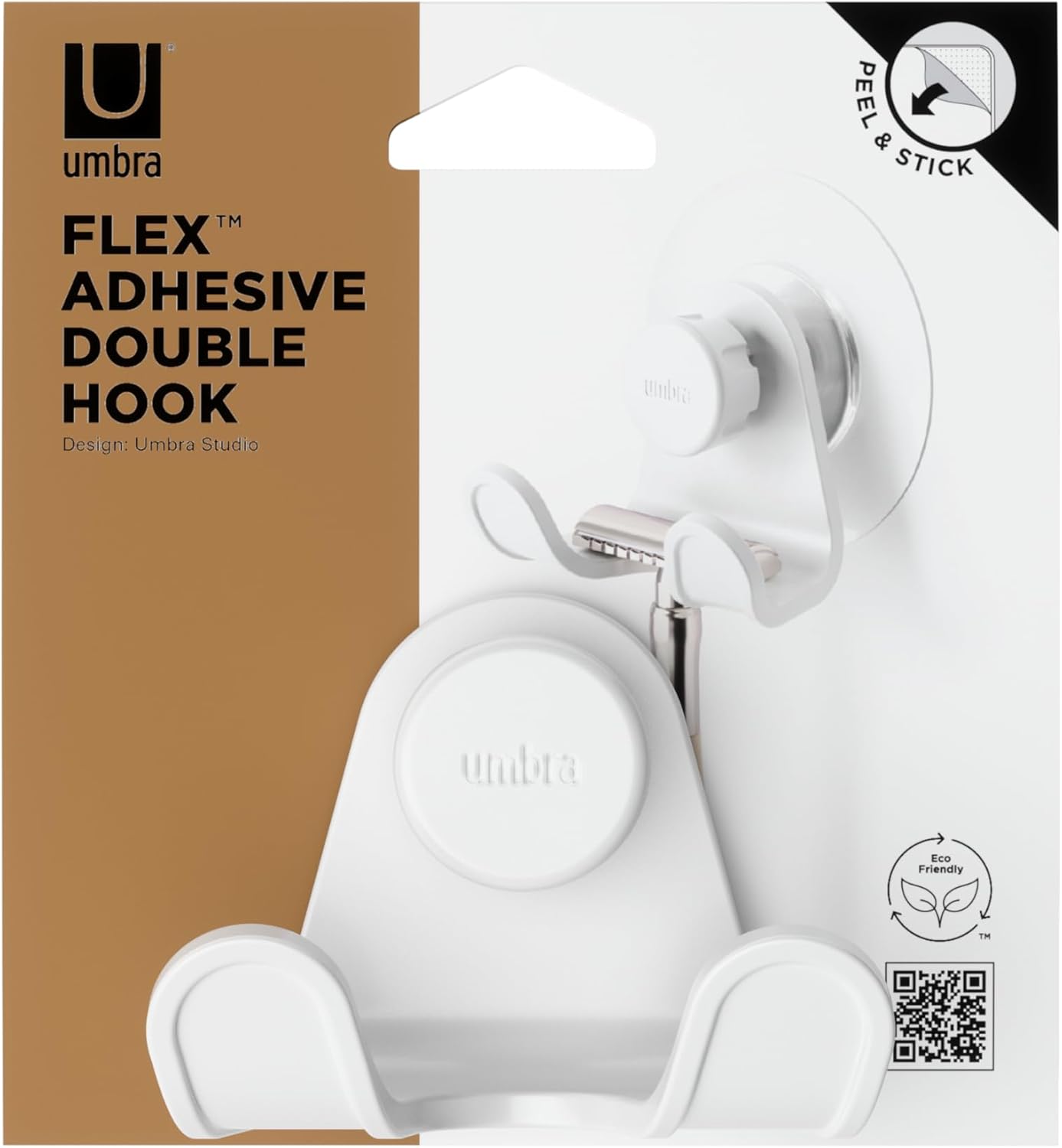 Umbra Flex Adhesive Double-Hook for Bathroom Shower Tub, Holds Towels, Washcloths, Loofahs, Razor, and More, White