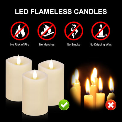 3x4 Flickering Flameless Candles Set of 3,Real Wax Pillar LED Candles,with Timer,4 inch Flameless Candles with Remote,for Party Wedding Holiday Home Decor,Ivory