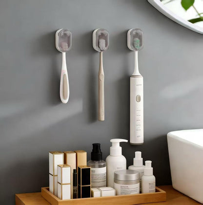 3 PCS Wall Mounted Toothbrush Holders for Bathrooms with Cover, Dustproof Strong Adhesive Toothbrush Holder, No-Drill Space-Saving Shower Toothbrush Organizer Set for Family & Travel (White)