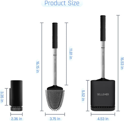 Sellemer Toilet Brush and Holder Set - Flexible Toilet Bowl Brush Head with Silicone Bristles, Compact Size for Storage and Organization, Ventilation Slots Base (1 Pack, Silver)
