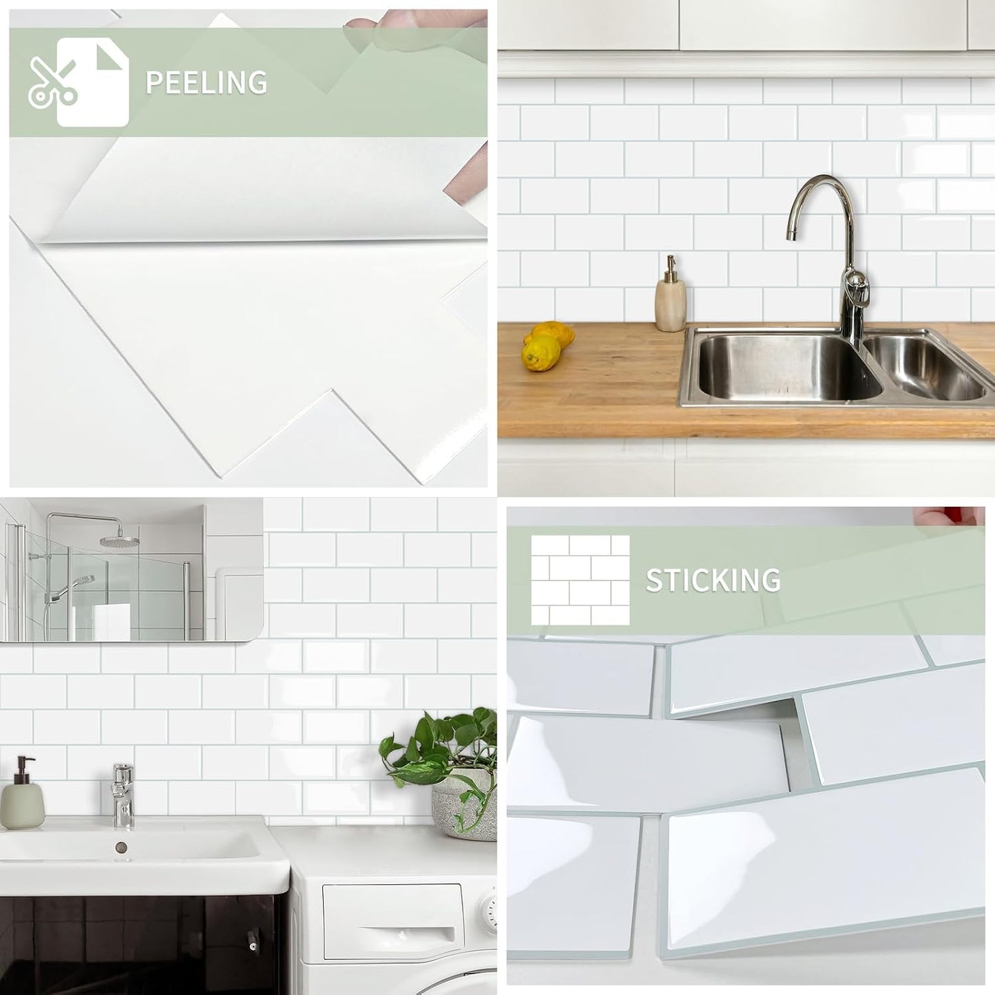 10-Sheet Thick Peel and Stick Kitchen Backsplash Tiles(Green,12"×12") | 3D Subway Waterproof Self-Adhesive Wall Tile Stick on Backsplash for Kitchen and Bathroom