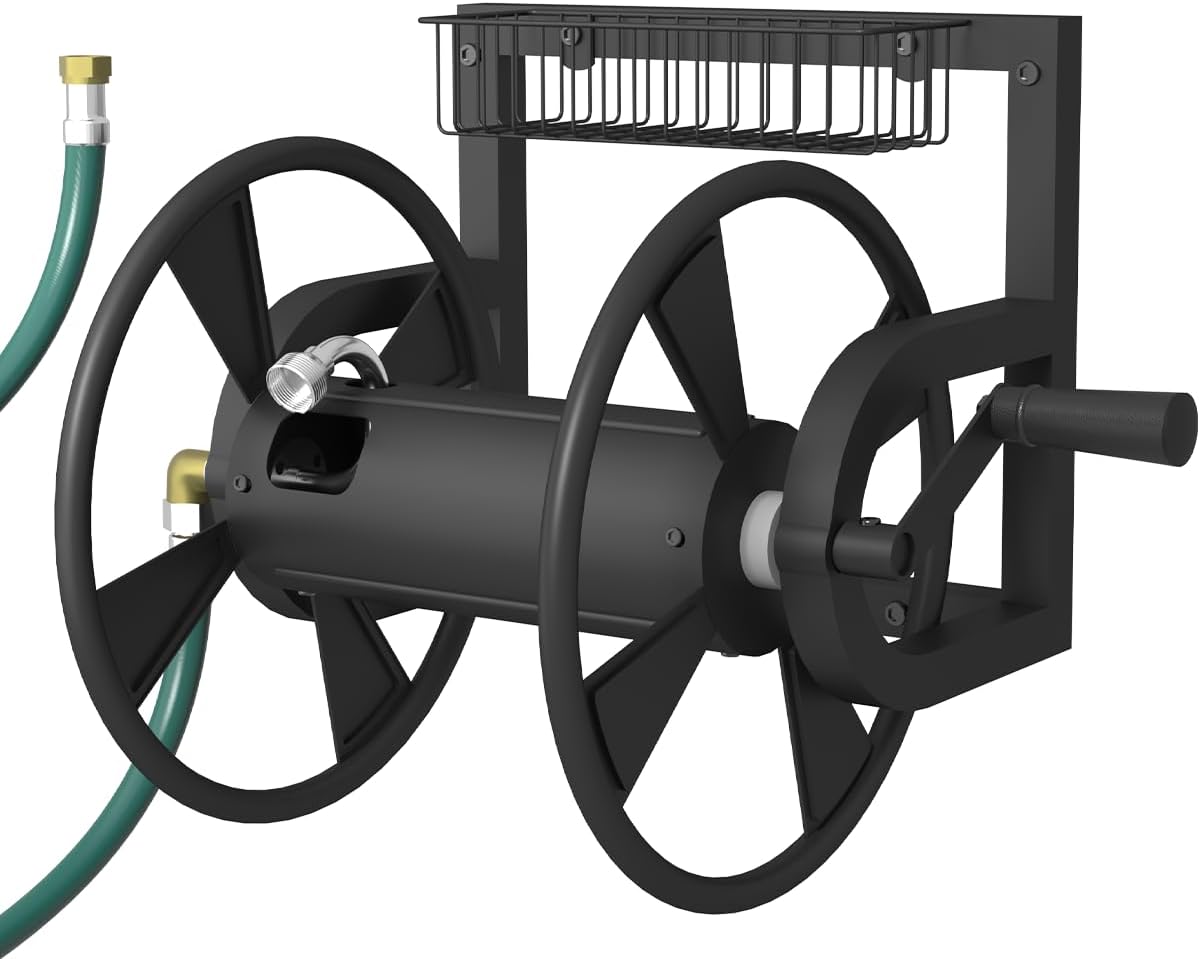 Artigarden Garden Wall Mounted Hose Reel, Outdoor Heavy-Duty Water Hose Holder Winder, Holds 125 Feet of 5/8-Inch Hose, with 3.9 ft Leader Hose, Water Fitting and Storage Basket for Yard, Black