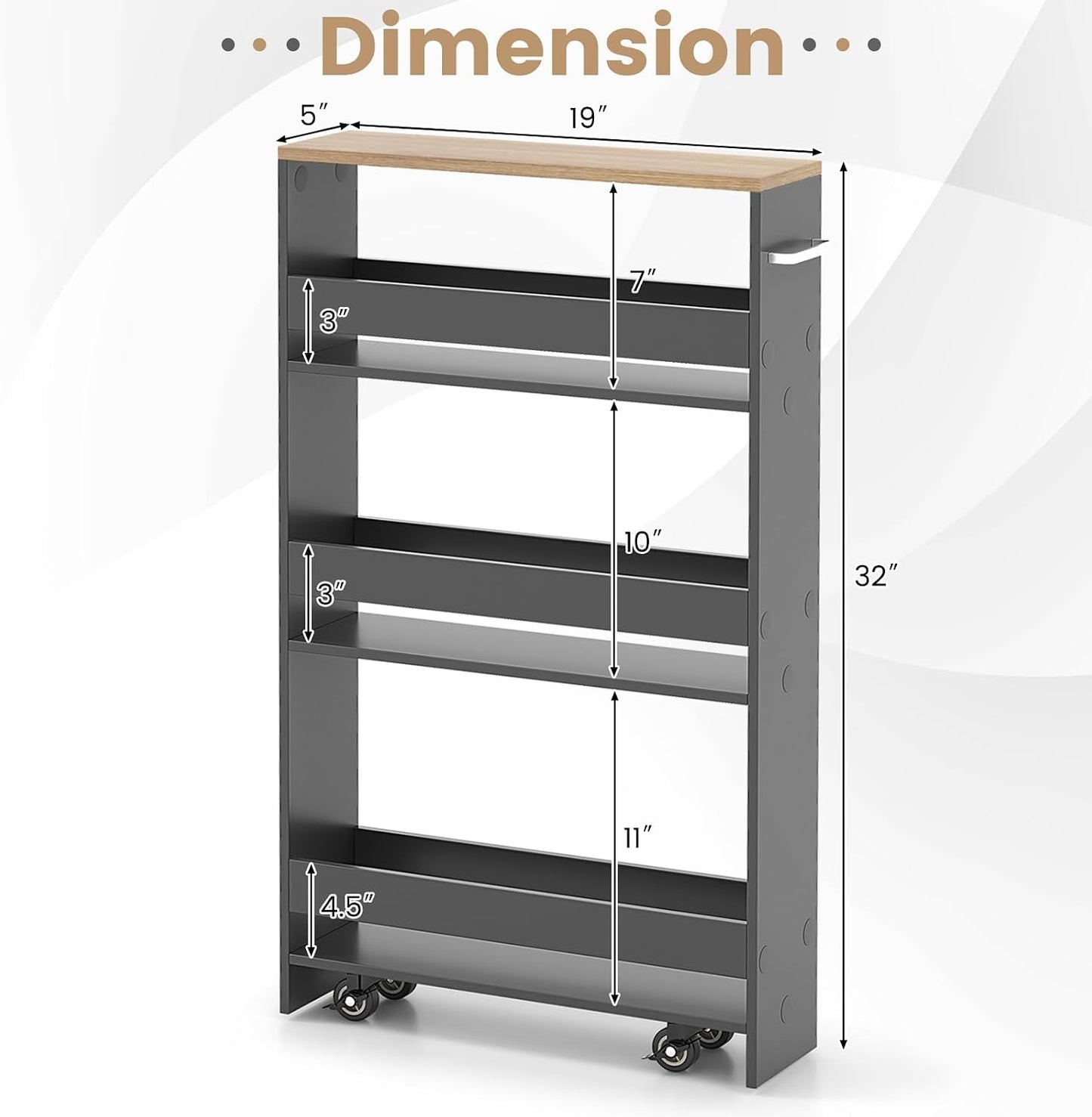 COSTWAY Slim Rolling Storage Cart, 4-Tier Rolling Utility Cart, Wood Kitchen Storage Cart with Handle & Wheels, Narrow Rolling Shelving Unit for Kitchen Bathroom Laundry Small Places (Plain White)