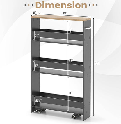 COSTWAY Slim Rolling Storage Cart, 4-Tier Rolling Utility Cart, Wood Kitchen Storage Cart with Handle & Wheels, Narrow Rolling Shelving Unit for Kitchen Bathroom Laundry Small Places (Plain White)