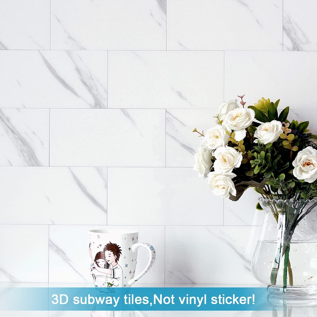 BeNice Peel and Stick Backsplash Large Bathroom Subway Tiles,Kitchen Shower Wall Stickers Waterproof(23Tiles) Gray White