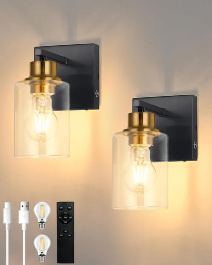 Battery Operated Wall Sconce Set of 2, Black Rechargeable Wall Lights with Timer Function, Easy Install Dimmable Wireless Wall Lamps Sconces Wall Decor for Living Room Bedroom Hallway, Emergency 3000K