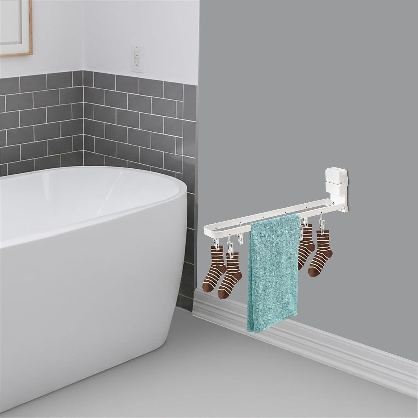 Wall Mounted Clothes Drying Hanger Rack with 10 Clips | Collapsible, Laundry Space, for Socks Undergarments Towels
