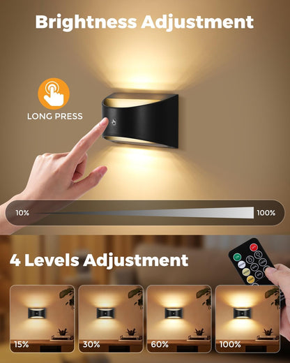Battery Powered Wall Sconces Set of Two, Rechargeable Magnetic Wall Sconce with Remote Control, 3 Colors Wireless Up and Down Wall Mount Light for Bedroom Hallway Bedside Living Room(Black)