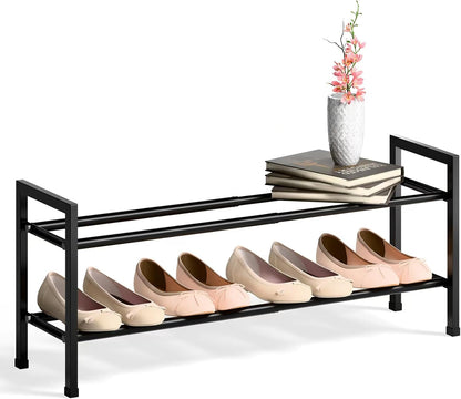 Bumusty 3-Tier Expandable Shoe Rack for Closet, 18“-33” Adjustable Shoe Rack for Small Space, Small Shoe Organizer for Front Door, Sturdy Metal, Black