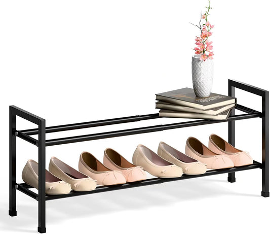 Bumusty 3-Tier Expandable Shoe Rack for Closet, 18“-33” Adjustable Shoe Rack for Small Space, Small Shoe Organizer for Front Door, Sturdy Metal, Black