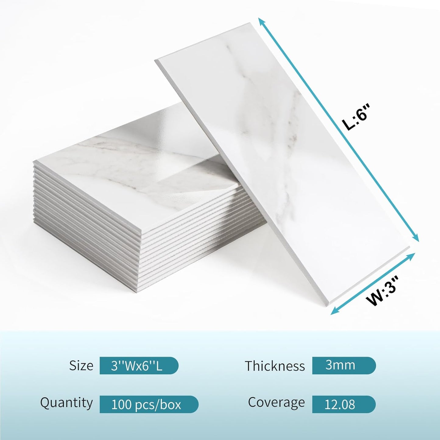 Vamos Tile 100-Piece Glossy Dolomite White Peel and Stick Backsplash Tile,3''x6'' PVC Subway Tile with White Grout, Stick on Backsplash for Kitchen/Bathroom/Fireplace