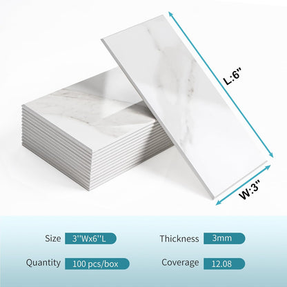 Vamos Tile 100-Piece Glossy Dolomite White Peel and Stick Backsplash Tile,3''x6'' PVC Subway Tile with White Grout, Stick on Backsplash for Kitchen/Bathroom/Fireplace