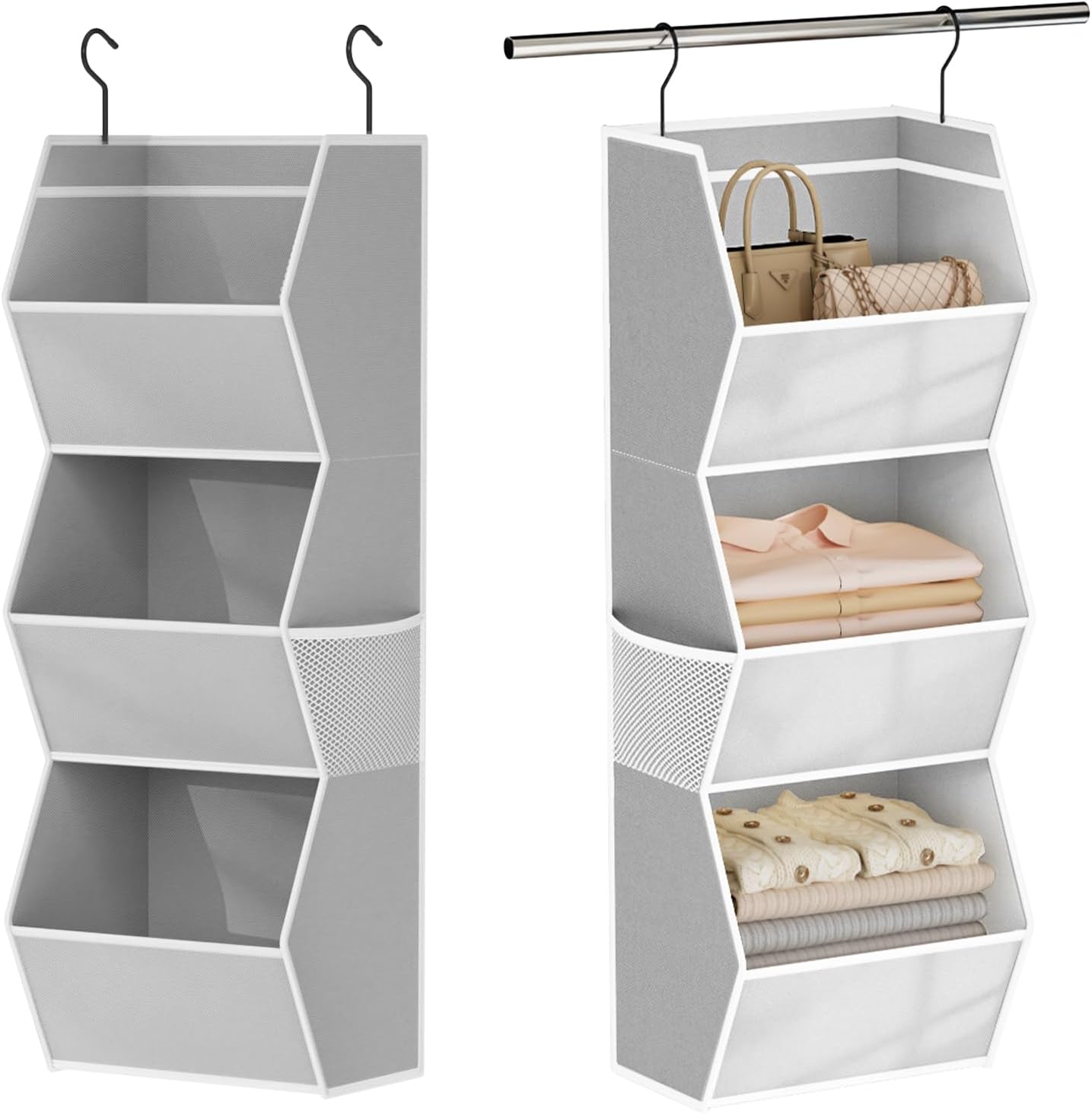 Hanging Closet Organizer 4 Shelf Collapsible Bedroom Closet Organizers and Storage Hanging with Mesh Pockets for Clothes, Fabric Hanging Storage Bins for Wardrobe Closet Organization and Storage, Grey