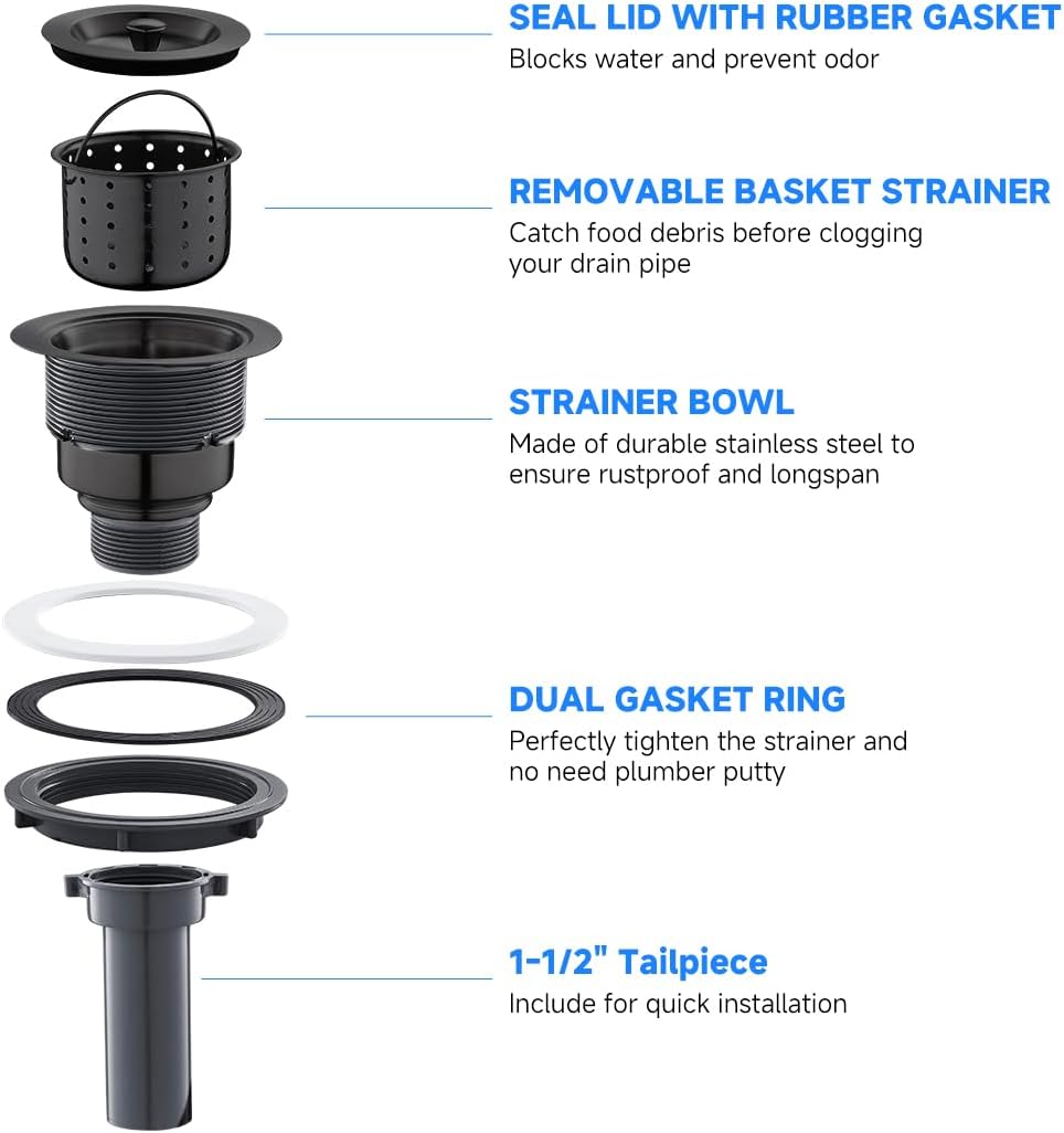 POPFLY 3-1/2 Inch Sink Drain Assembly Brushed 304 Stainless Steel Removable Deep Strainer Basket, Rust-Proof & Easy Install with Sealing Lid＆Tailpiece, for Home/Bathroom/Commercial Sinks