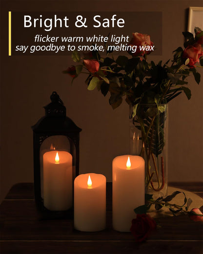 TECHLONG Flameless Candles with Remote Timer, 3D Moving Flickering Flame Battery Operated Candles Lasting 1000+ Hours, 3" x 5" Ivory Real Wax Electric LED Pillar Candles, Set of 2