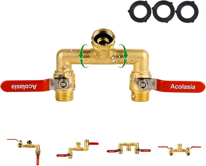 Hose Splitter 2 Way Heavy Duty Brass Garden Hose Splitter with 360° Rotatable, 304 Stainless Steel Long Handle Outdoor Full Flow Hose Splitter Connector, 3/4" GHT Thread