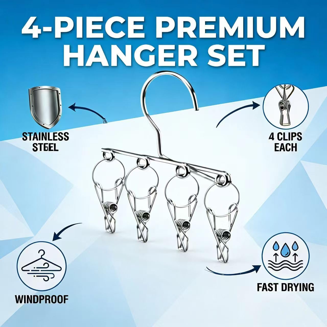 4PCS Double Clip Stainless Steel Travel Hanger, Portable Rustproof Space Saving Laundry Drying Hanger with Dual Clips, Compact Hotel Travel Hanger for Socks Handkerchiefs Small Items