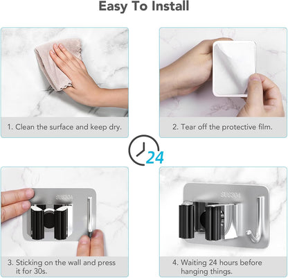 homeasy Mop Broom Holder No Drill, Mop Broom Organizer Wall Mounted Heavy Duty with Hooks Hanger, Self Adhesive Stainless Steel 4Pcs for Bathroom, Kitchen, Office (Silver)