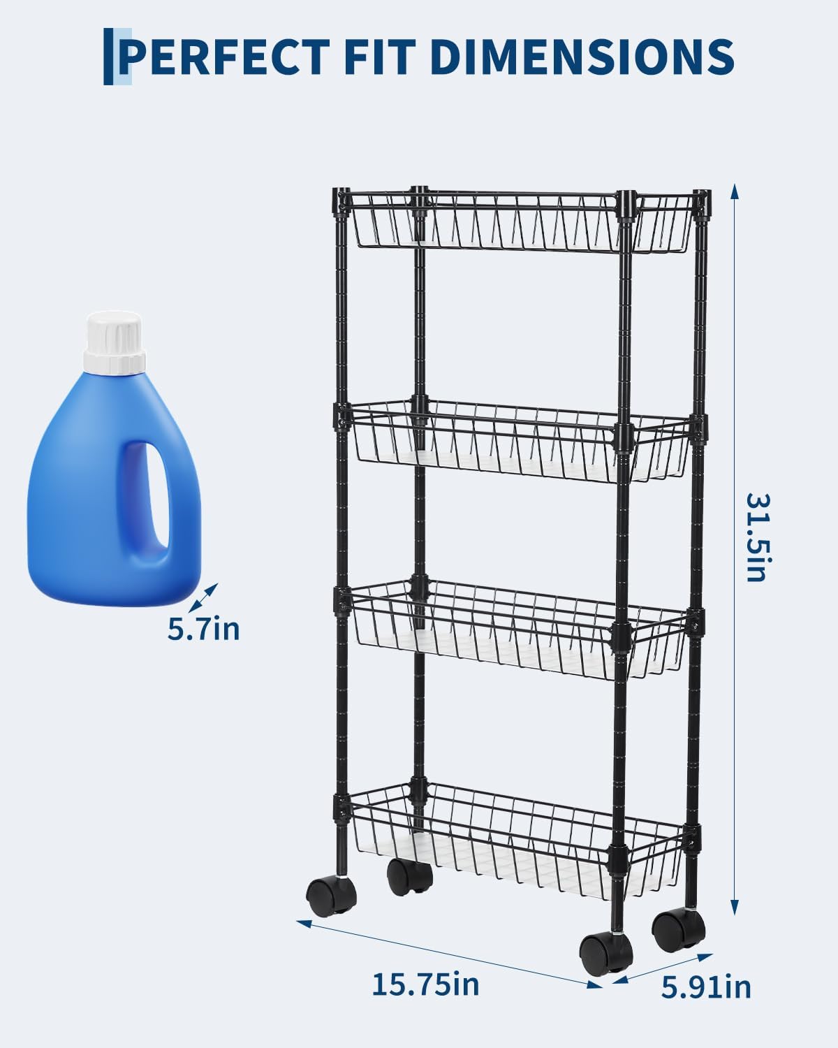Slim Metal Rolling Storage Cart – 4-Tier Adjustable Utility Organizer with Basket Shelves & Wheels – Space-Saving Mobile Drawer Cabinet – 15.75x5.91x31.5in – for Office, Kitchen, Bathroom
