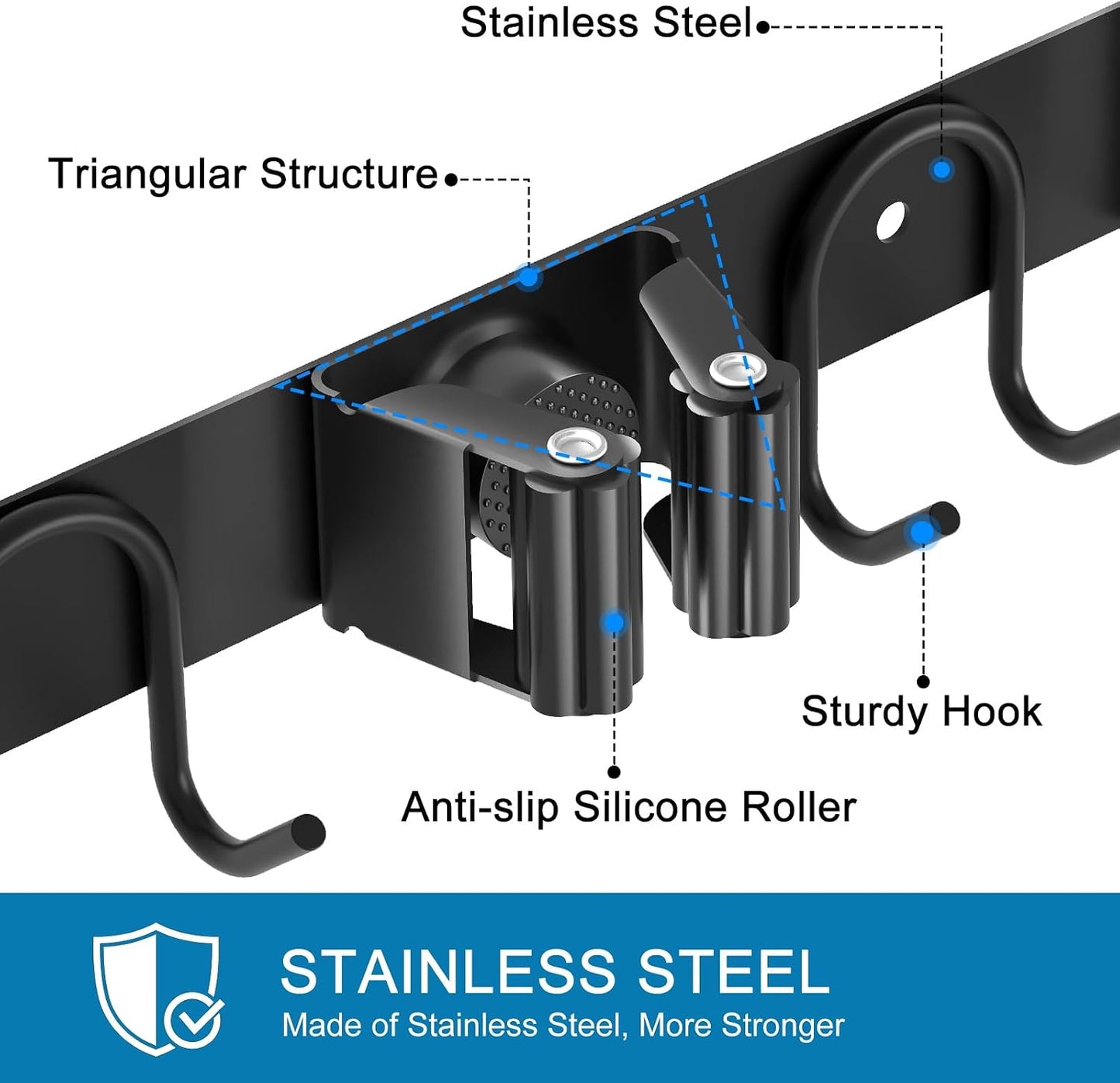 Broom Holder Wall Mount, Stainless Steel Mop Hanger with 4 Slots 6 Hooks, Tool Storage Wall Organizer for Kitchen Garden Garage Laundry Room Bathroom and RV, Black 1-Pack