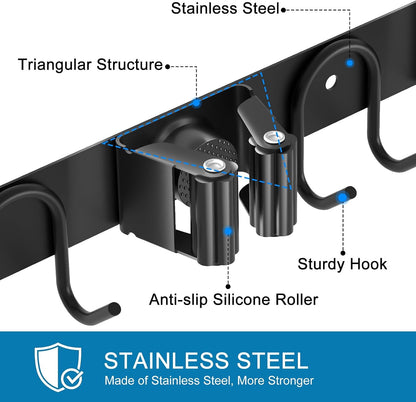 Broom Holder Wall Mount, Stainless Steel Mop Hanger with 4 Slots 6 Hooks, Tool Storage Wall Organizer for Kitchen Garden Garage Laundry Room Bathroom and RV, Black 1-Pack