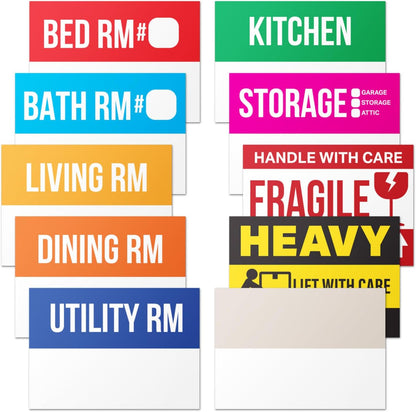 Moving Labels (3 x 2 inch, 300 per Pack) Ideal for 1-2 Bedroom Homes - 10x Designs of Color-Coded Moving Stickers w/Write-in Area, Fragile, Heavy & Blank Labels