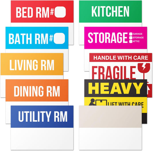 Moving Labels (3 x 2 inch, 300 per Pack) Ideal for 1-2 Bedroom Homes - 10x Designs of Color-Coded Moving Stickers w/Write-in Area, Fragile, Heavy & Blank Labels