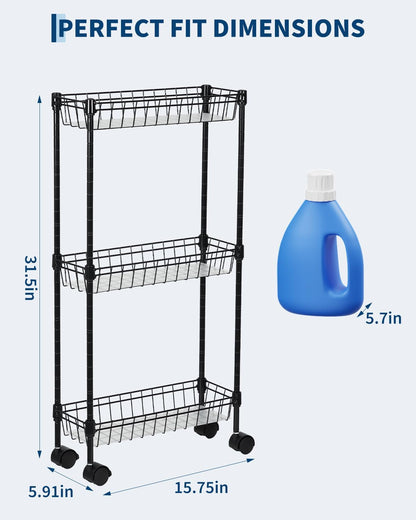 Slim Metal Rolling Storage Cart – 4-Tier Adjustable Utility Organizer with Basket Shelves & Wheels – Space-Saving Mobile Drawer Cabinet – 15.75x5.91x31.5in – for Office, Kitchen, Bathroom